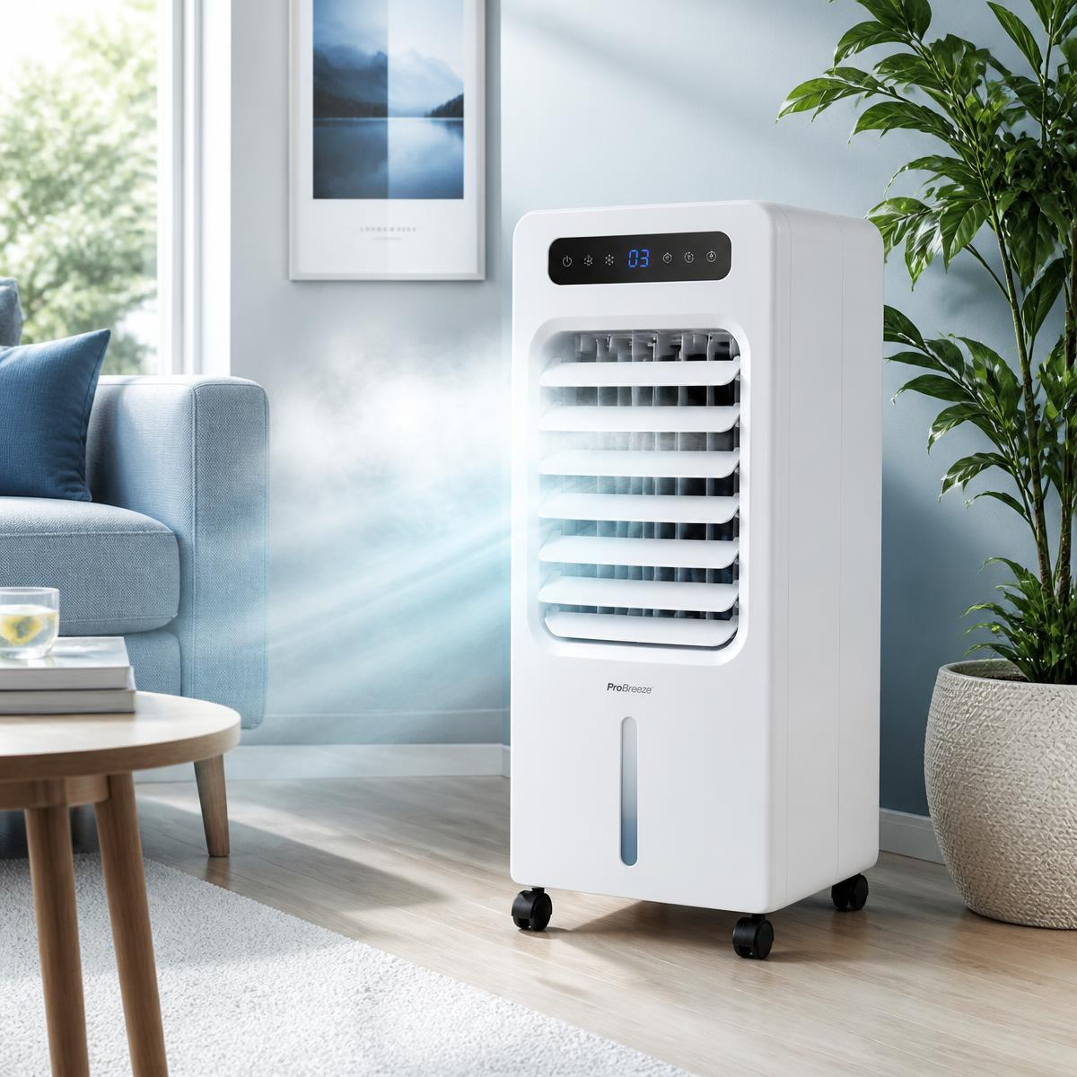 Cold air fan cooling a living room