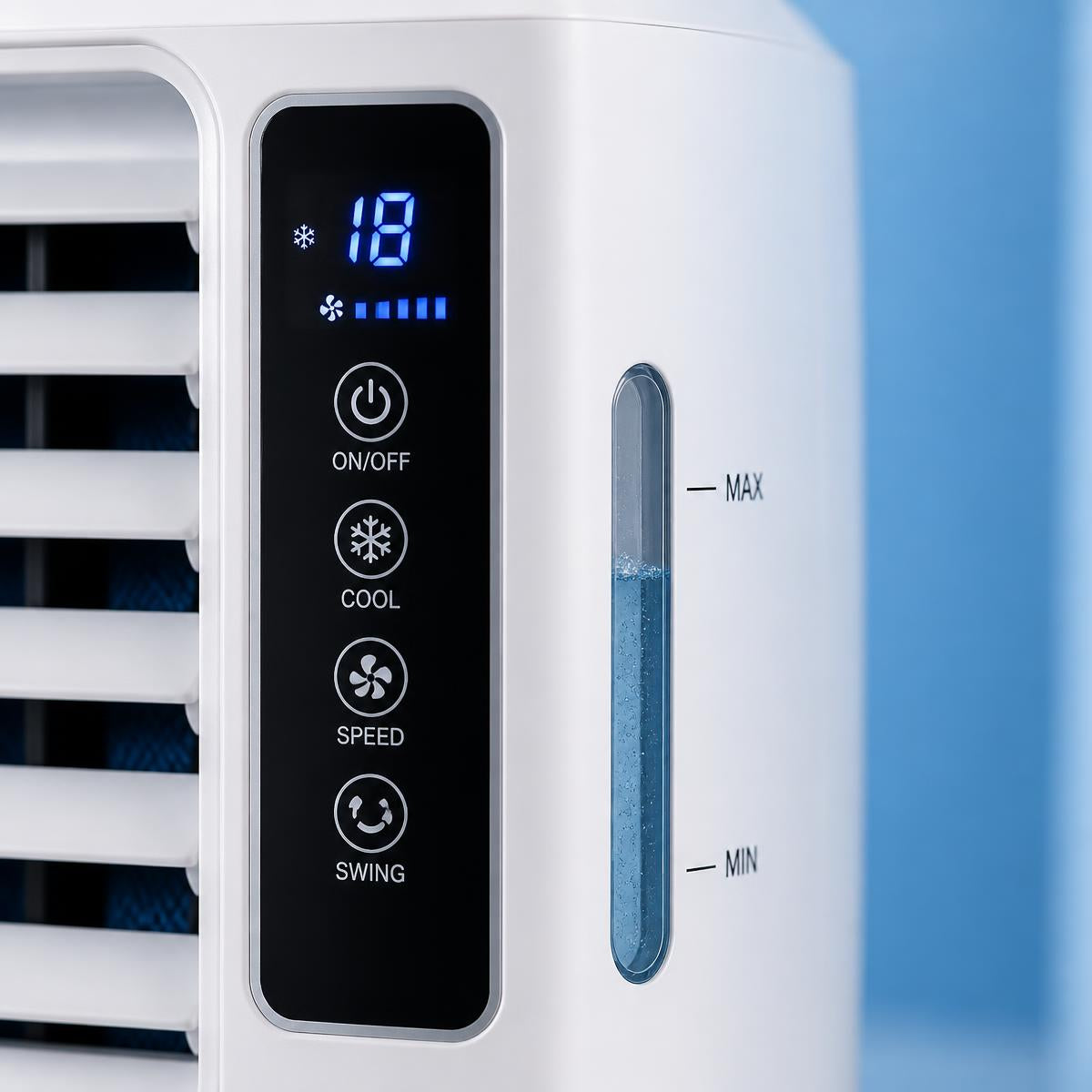 Cold air fan control panel and water level close-up