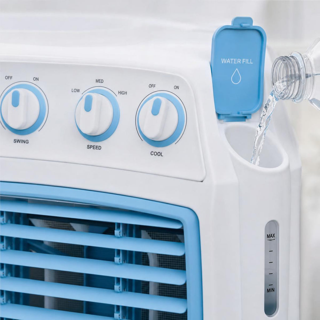 Evaporative air cooler controls and water fill detail