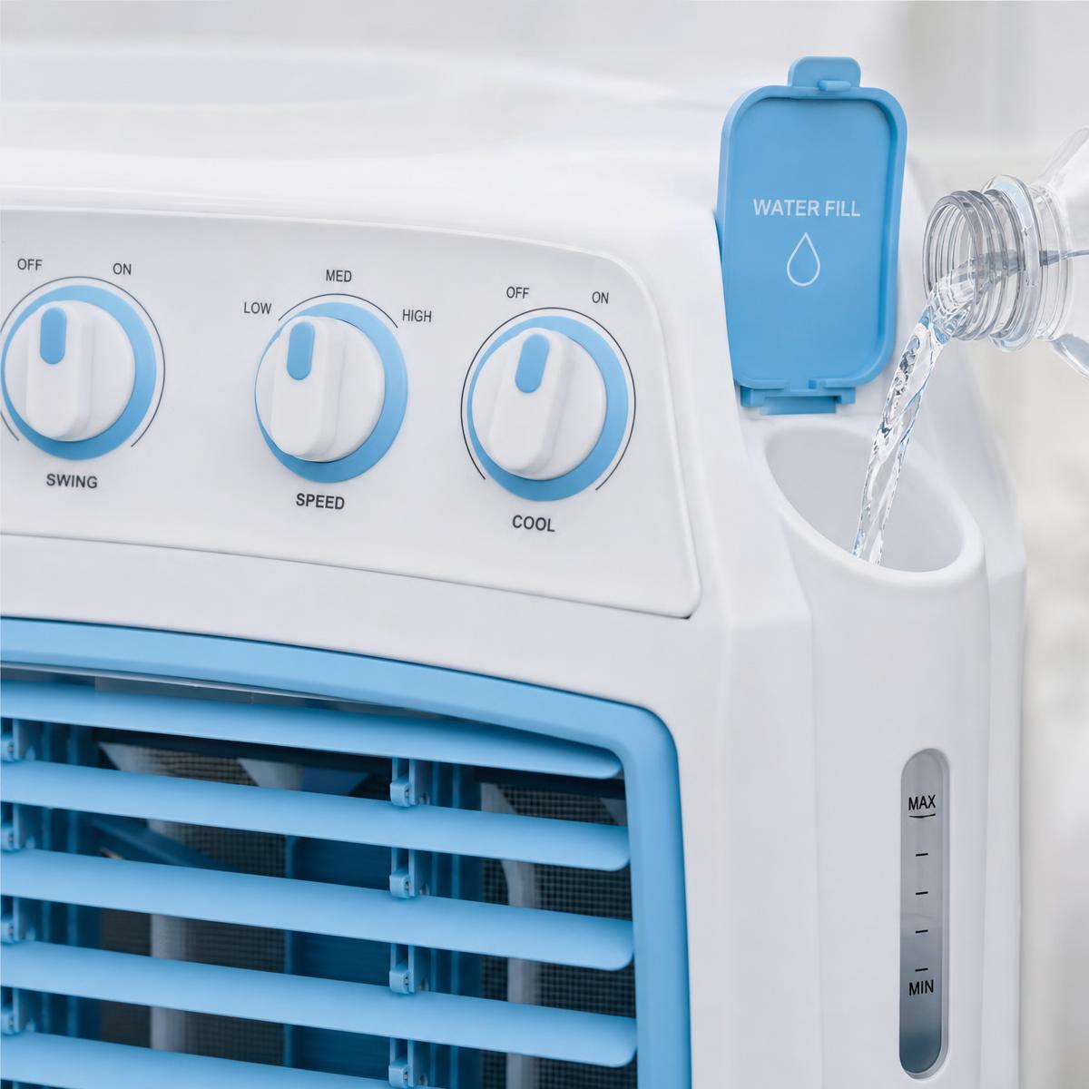 Evaporative air cooler controls and water fill detail