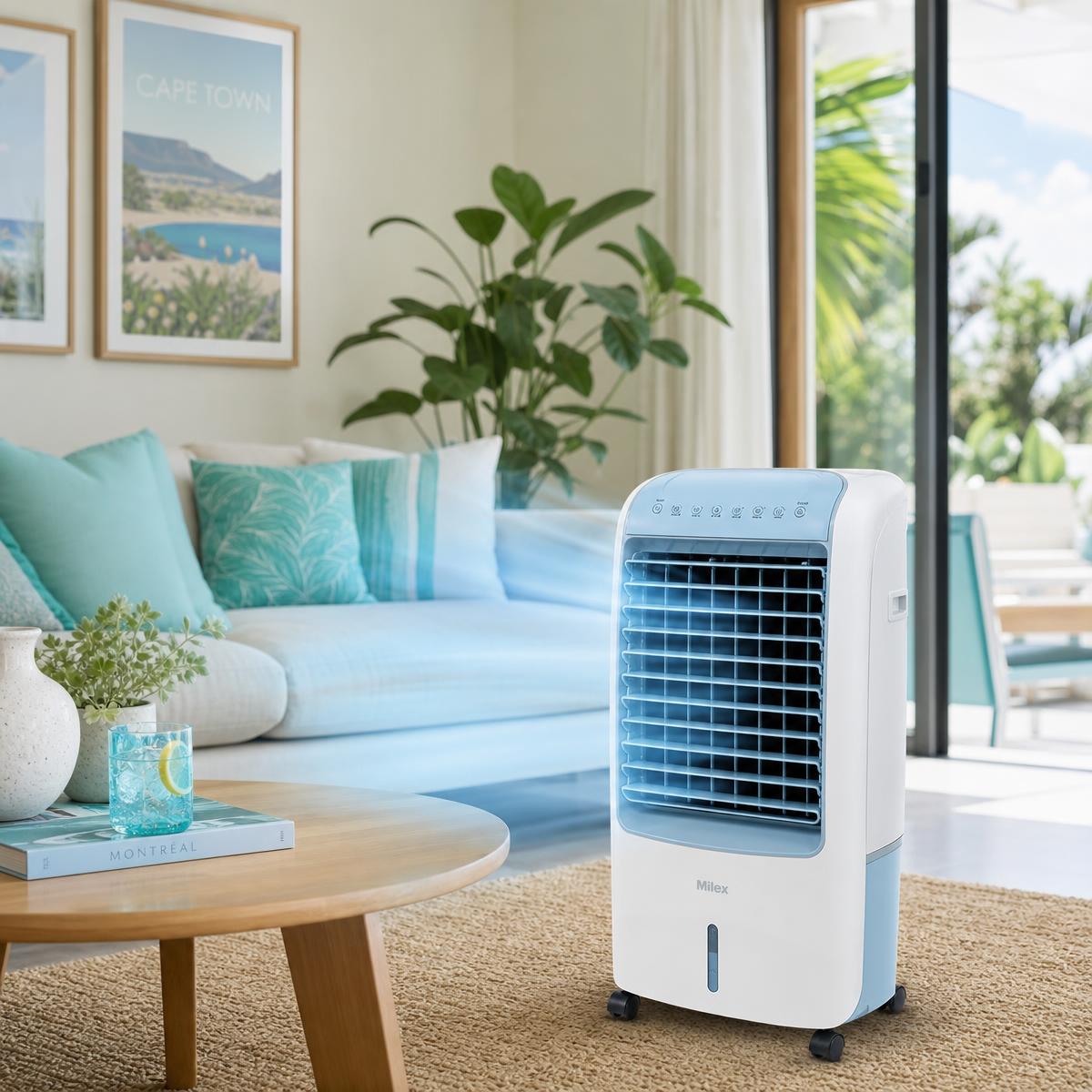 Evaporative air cooler fan in a South African living room