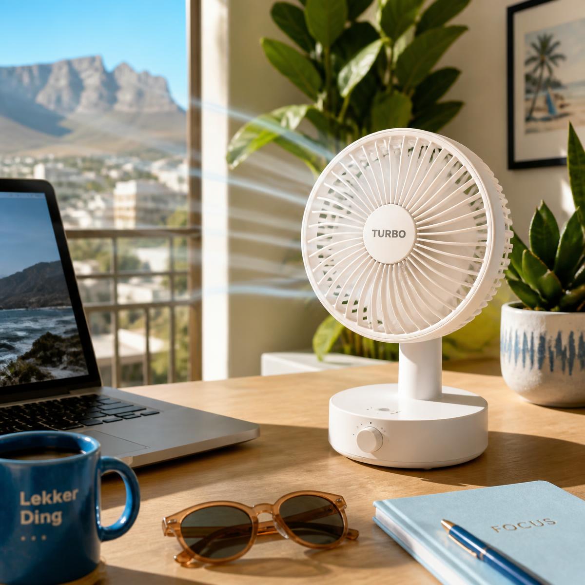 Mini Turbo Fan on a desk in a sunny apartment
