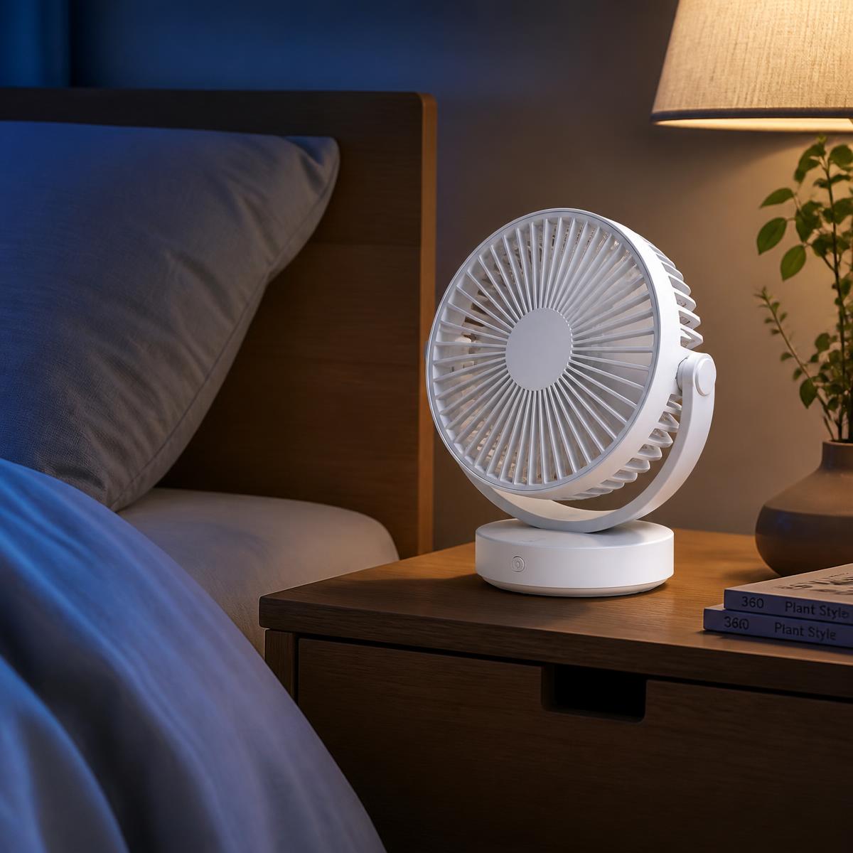 Quiet mini fan on a bedside table at night